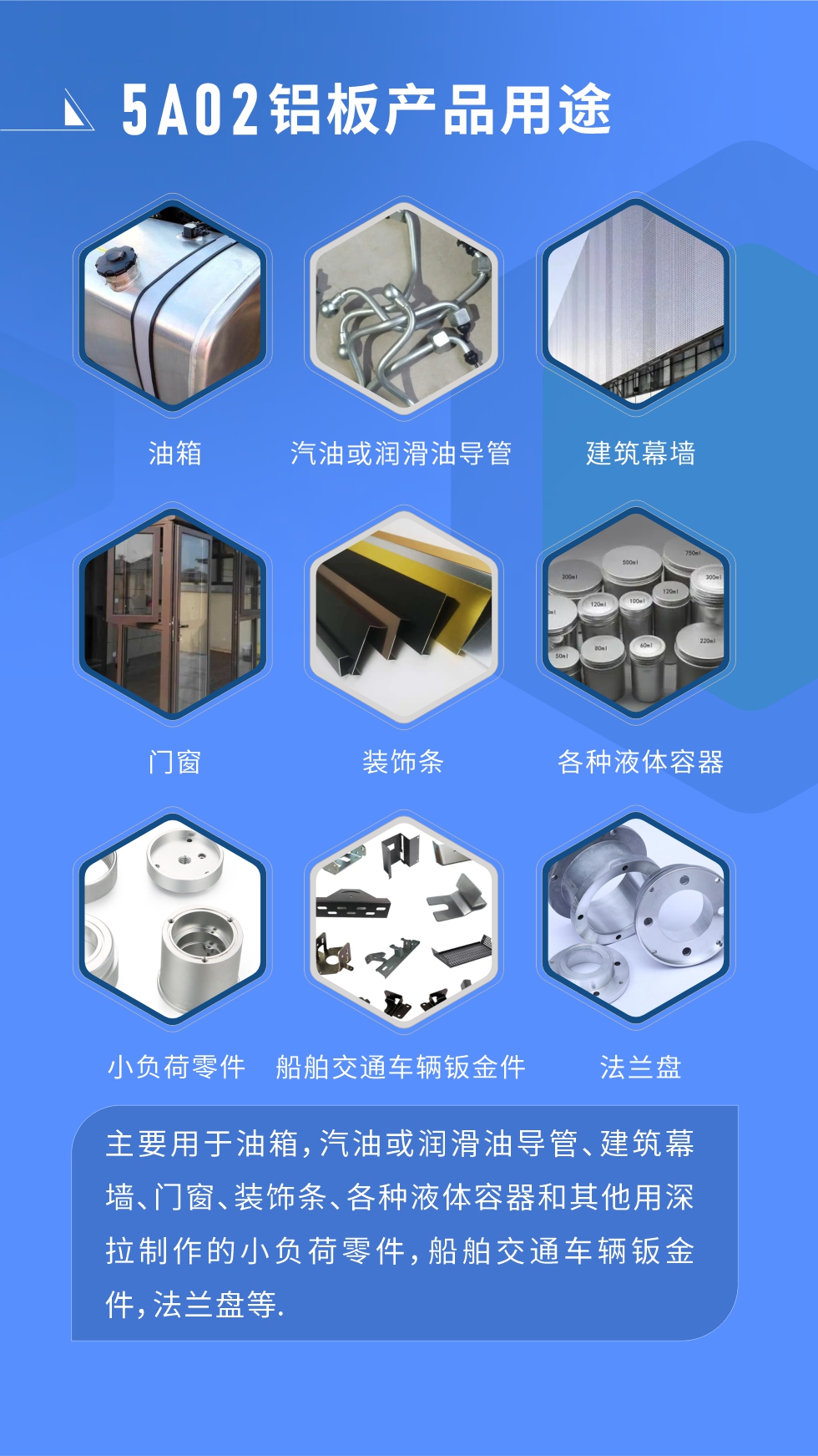 5A02鋁板產(chǎn)品用途:
主要用于油箱，汽油或潤(rùn)滑油導(dǎo)管、建筑幕墻、門窗、裝飾條、各種液體容器和其他用深拉制作的小負(fù)荷零件，船舶交通車輛鈑金件，法蘭盤等.

