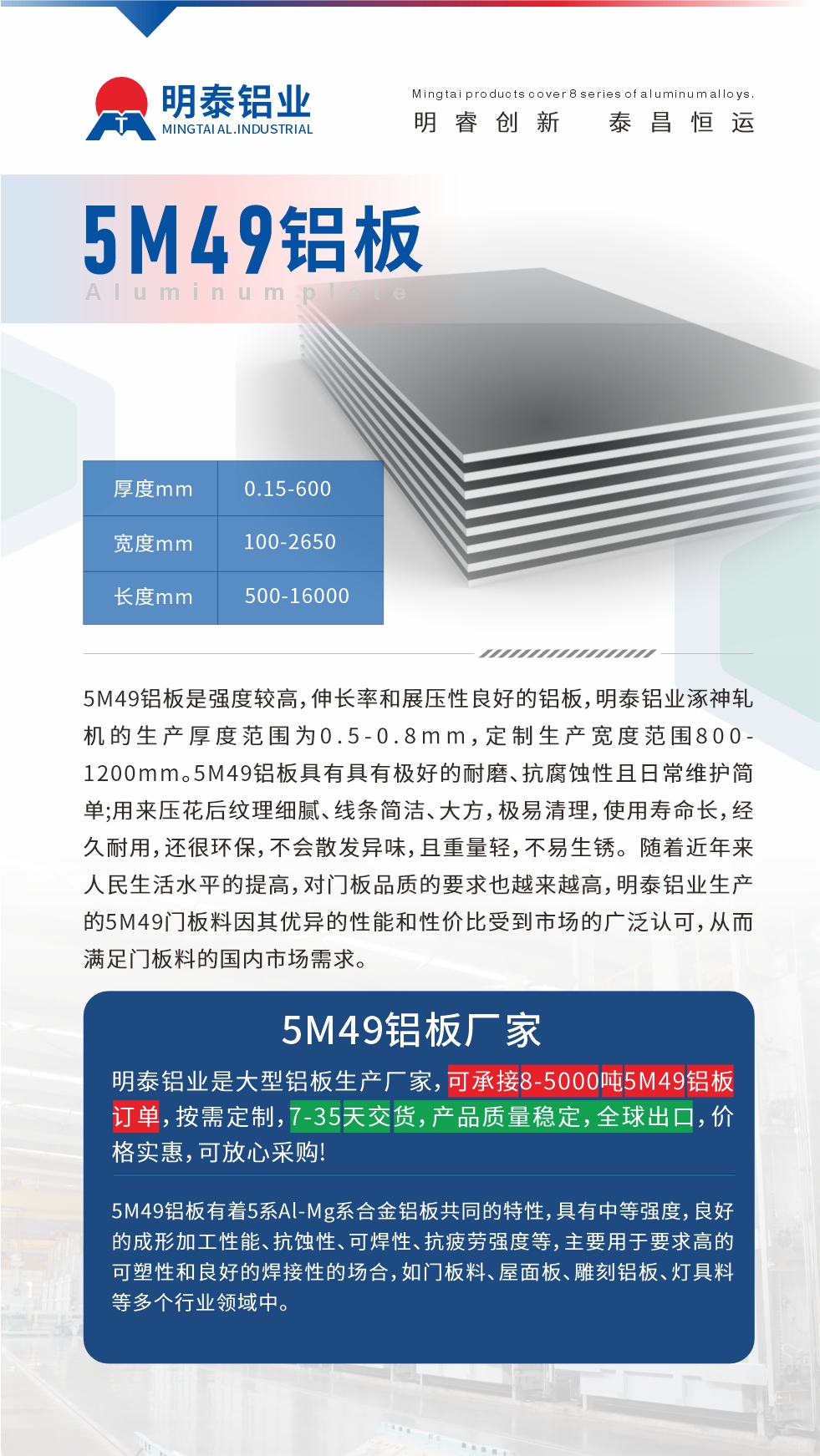 5M49鋁板是強(qiáng)度較高，伸長(zhǎng)率和展壓性良好的鋁板，明泰鋁業(yè)涿神軋機(jī)的生產(chǎn)厚度范圍為0.5-0.8mm，定制生產(chǎn)寬度范圍800-1200mm。5M49鋁板具有具有極好的耐磨、抗腐蝕性且日常維護(hù)簡(jiǎn)單;用來(lái)壓花后紋理細(xì)膩、線條簡(jiǎn)潔、大方，極易清理，使用壽命長(zhǎng)，經(jīng)久耐用，還很環(huán)保，不會(huì)散發(fā)異味，且重量輕，不易生銹。 隨著近年來(lái)人民生活水平的提高，對(duì)門(mén)板品質(zhì)的要求也越來(lái)越高，明泰鋁業(yè)生產(chǎn)的5M49門(mén)板料因其優(yōu)異的性能和性價(jià)比受到市場(chǎng)的廣泛認(rèn)可，從而滿足門(mén)板料的國(guó)內(nèi)市場(chǎng)需求。
