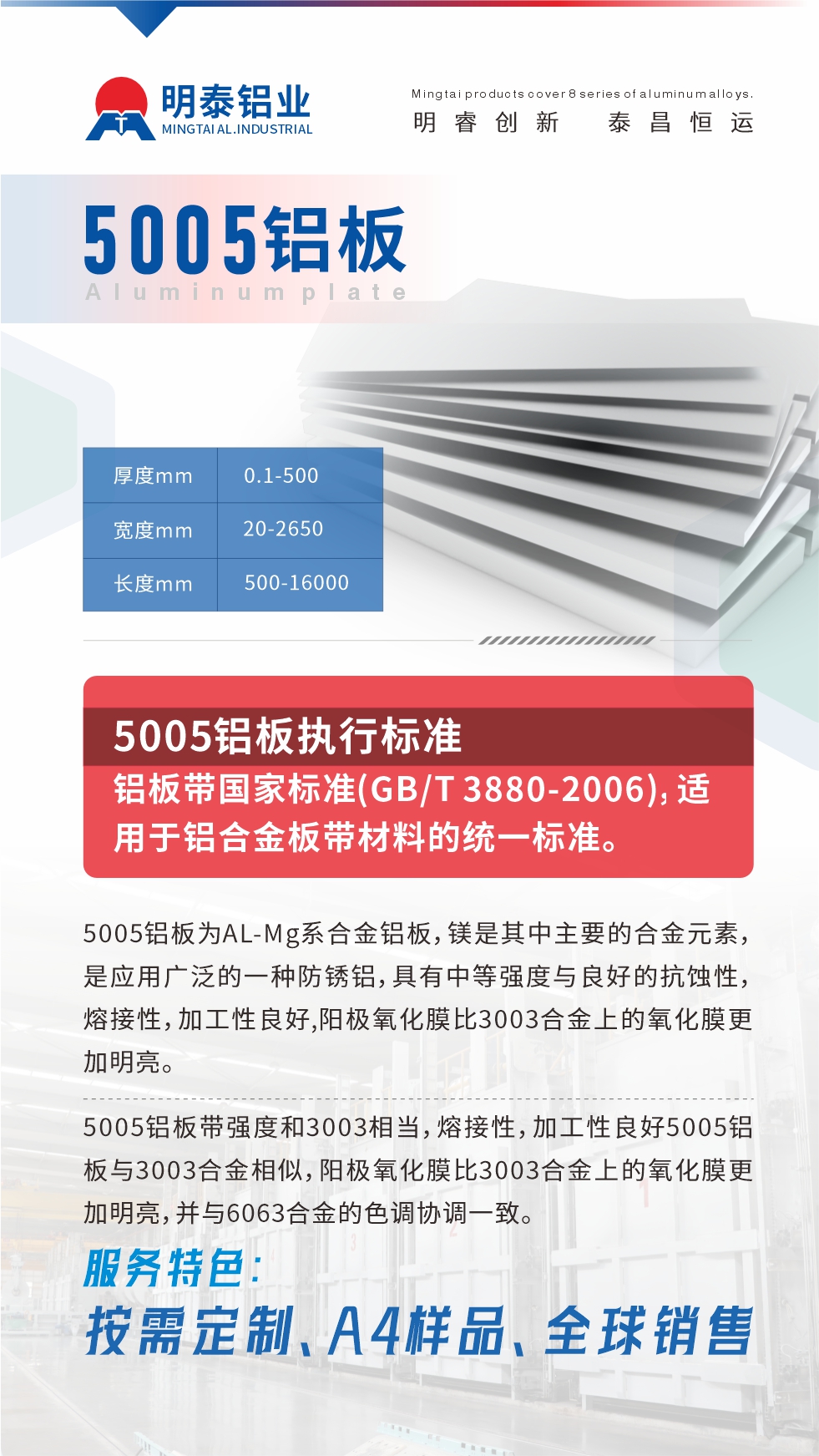產(chǎn)品介紹

5005鋁板為AL-Mg系合金鋁板，鎂是其中主要的合金元素，是應(yīng)用廣泛的一種防銹鋁，具有中等強(qiáng)度與良好的抗蝕性，熔接性，加工性良好,陽極氧化膜比3003合金上的氧化膜更加明亮。

5005鋁板帶強(qiáng)度和3003相當(dāng)，熔接性，加工性良好5005鋁板與3003合金相似，陽極氧化膜比3003合金上的氧化膜更加明亮，并與6063合金的色調(diào)協(xié)調(diào)一致。服務(wù)特色：按需定制、A4樣品、全球銷售!

