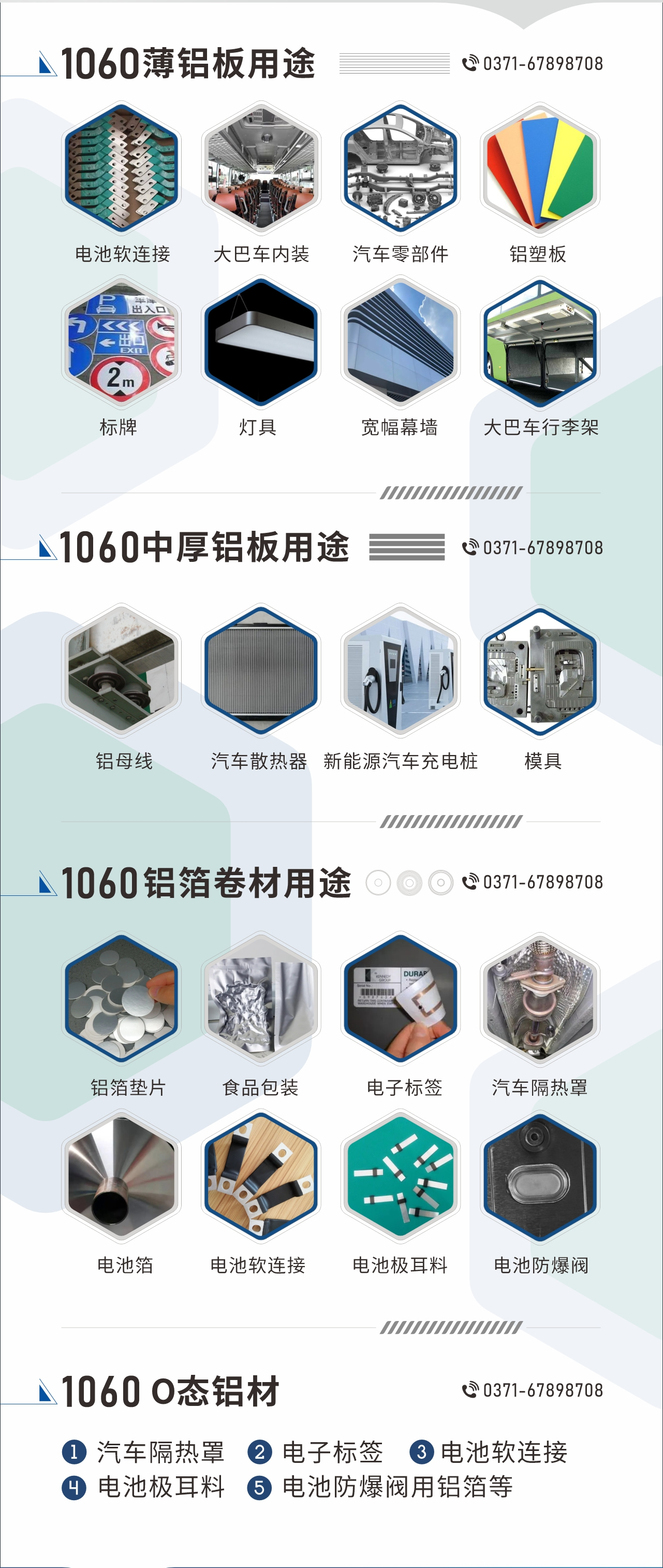 1060鋁板卷用途
　　1060鋁薄板用途： 電池軟連接、大巴車內(nèi)裝、汽車零部件、鋁塑板、標牌、燈具、寬幅幕墻、大巴車行李架/地板/花紋板(宇通公司使用)等;1060中厚鋁板用途：鋁母線、汽車散熱器、新能源汽車充電樁、模具等;1060鋁箔卷材用途：鋁箔墊片、食品包裝、電子標簽、汽車隔熱罩用鋁箔、電池箔、電池軟連接、電池極耳料、電池防爆閥等;1060-O態(tài)鋁材用途：汽車隔熱罩、電子標簽、電池軟連接、電池極耳料、電池防爆閥用鋁箔等;1060鋁板多少錢1噸.1060鋁板價格=發(fā)貨當天長江鋁錠價+加工費