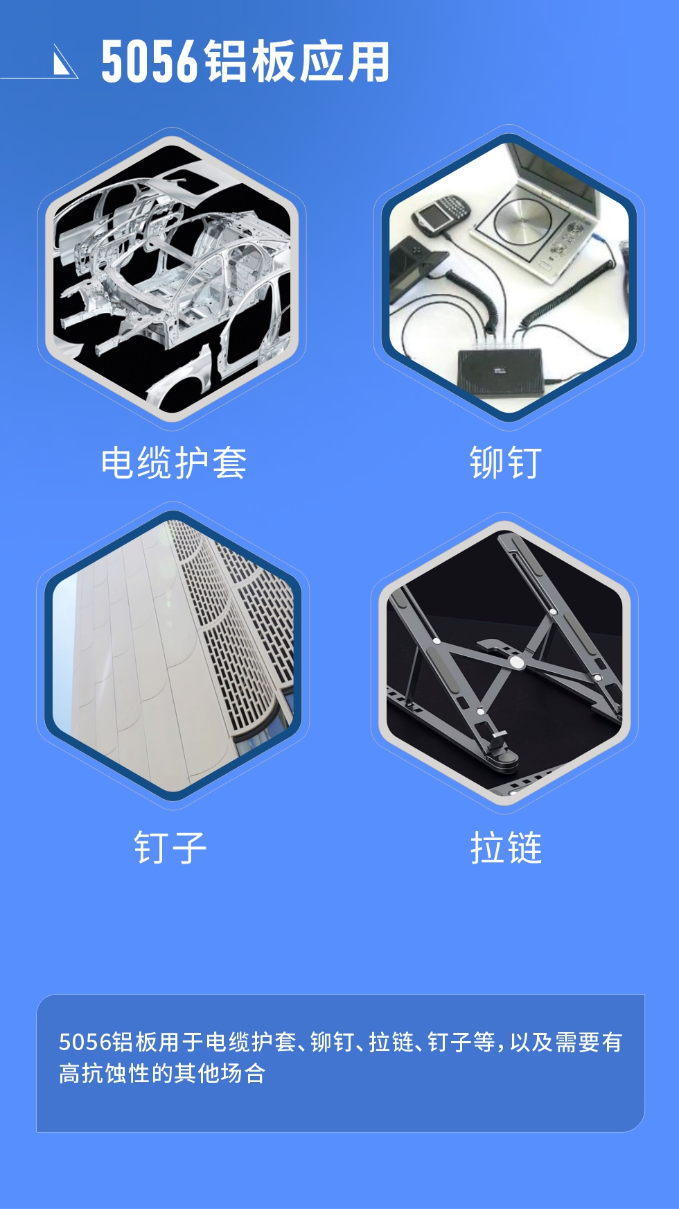 市場應(yīng)用
　　5056鋁板用于電纜護套、鉚釘、拉鏈、釘子等，以及需要有高抗蝕性的其他場合。
　　5056鋁板生產(chǎn)廠家
　　明泰鋁業(yè)支持定做，為用戶合理推薦更合理產(chǎn)品規(guī)格，并提供優(yōu)惠報價，讓您選購無憂。
　　明泰鋁業(yè)是一家集科研、加工、制造為一體的大型現(xiàn)代化鋁加工企業(yè)。公司可生產(chǎn)1-8系鋁板帶箔產(chǎn)品，規(guī)格齊全。