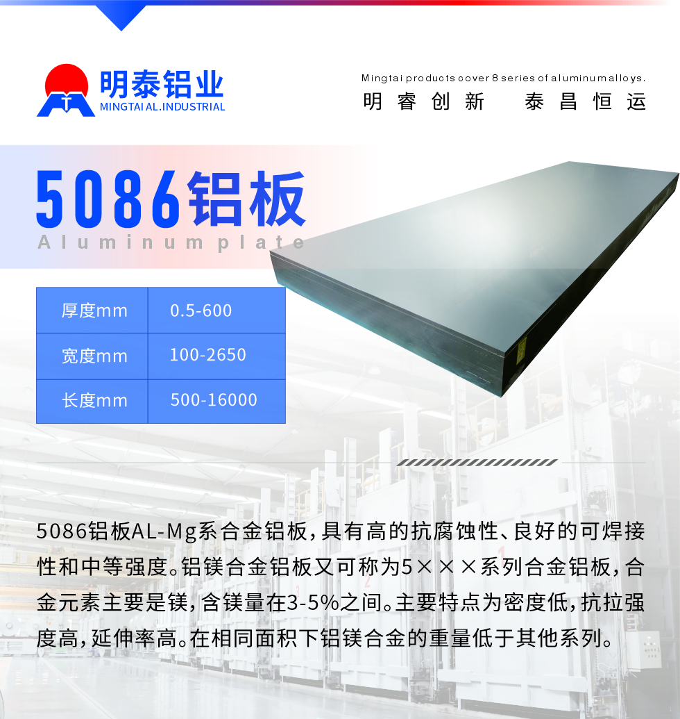 產(chǎn)品介紹
　　5086鋁板AL-Mg系合金鋁板，具有高的抗腐蝕性、良好的可焊接性和中等強(qiáng)度。鋁鎂合金鋁板又可稱為5×××系列合金鋁板，合金元素主要是鎂，含鎂量在3-5%之間。主要特點(diǎn)為密度低，抗拉強(qiáng)度高，延伸率高。在相同面積下鋁鎂合金的重量低于其他系列。
