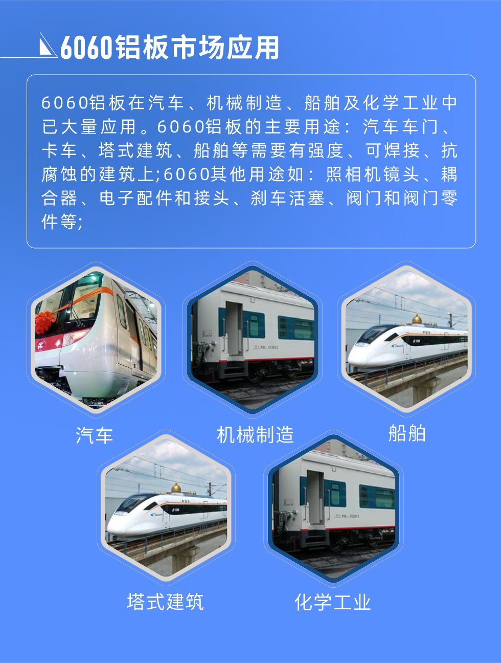 6060鋁板標(biāo)準(zhǔn)對照
美國鋁業(yè)協(xié)會(AA) 6060，UNS A96060，ISO R209 AlMgSi;6060鋁板市場應(yīng)用:
6060鋁板在汽車、機(jī)械制造、船舶及化學(xué)工業(yè)中已大量應(yīng)用。6060鋁板的主要用途：汽車車門、卡車、塔式建筑、船舶等需要有強(qiáng)度、可焊接、抗腐蝕的建筑上;6060其他用途如：照相機(jī)鏡頭、耦合器、電子配件和接頭、剎車活塞、閥門和閥門零件等;

