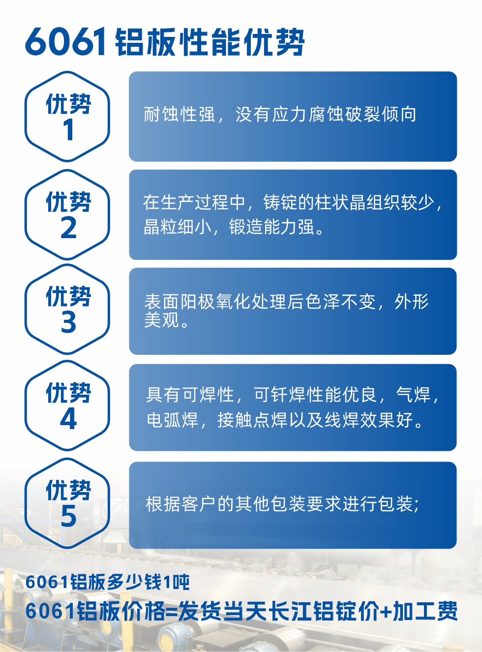 明泰鋁業(yè)6061鋁板性能優(yōu)勢(shì)

　　1、耐蝕性強(qiáng)，沒(méi)有應(yīng)力腐蝕破裂傾向。

　　2、在生產(chǎn)過(guò)程中，鑄錠的柱狀晶組織較少，晶粒細(xì)小，鍛造能力強(qiáng)。

　　3、表面陽(yáng)極氧化處理后色澤不變，外形美觀。

4、具有可焊性，可釬焊性能優(yōu)良，氣焊，電弧焊，接觸點(diǎn)焊以及線焊效果好。