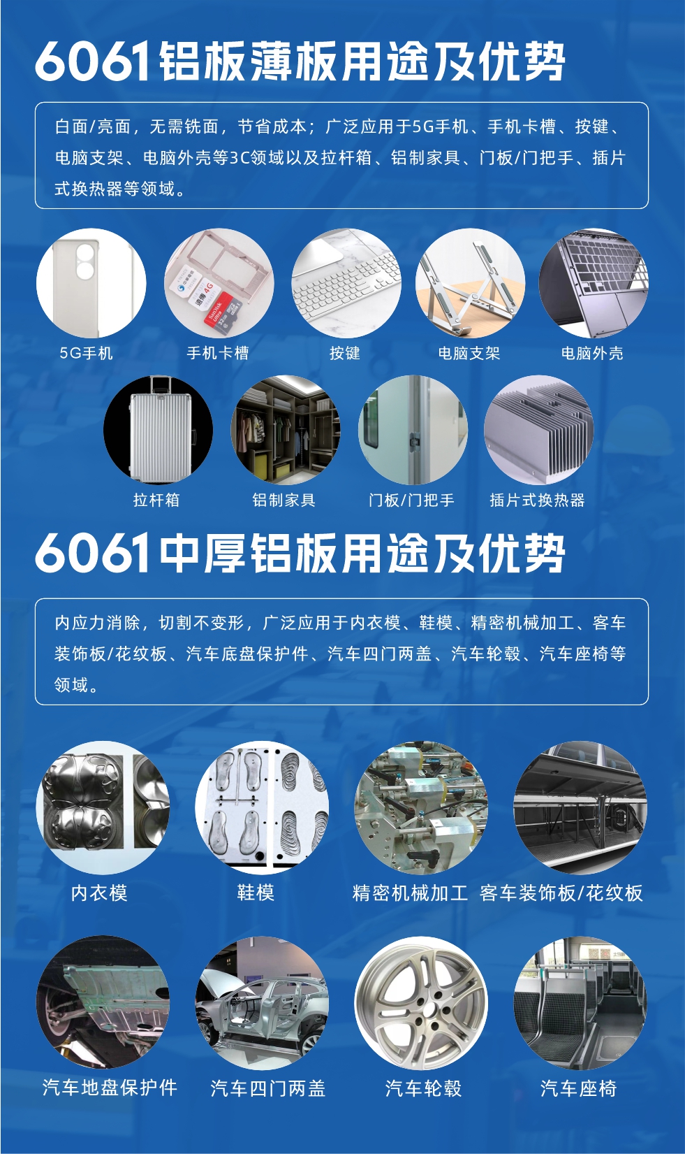 6061鋁板薄板用途及優(yōu)勢(shì):白面/亮面，無(wú)需銑面，節(jié)省成本；廣泛應(yīng)用于5G手機(jī)、手機(jī)卡槽、按鍵、電腦支架、電腦外殼等3C領(lǐng)域以及拉桿箱、鋁制家具、門板/門把手、插片式換熱器等領(lǐng)域。
6061中厚鋁板用途及優(yōu)勢(shì):內(nèi)應(yīng)力消除，切割不變形，廣泛應(yīng)用于內(nèi)衣模、鞋模、精密機(jī)械加工、客車裝飾板/花紋板、汽車底盤保護(hù)件、汽車四門兩蓋、汽車輪轂、汽車座椅等領(lǐng)域。
