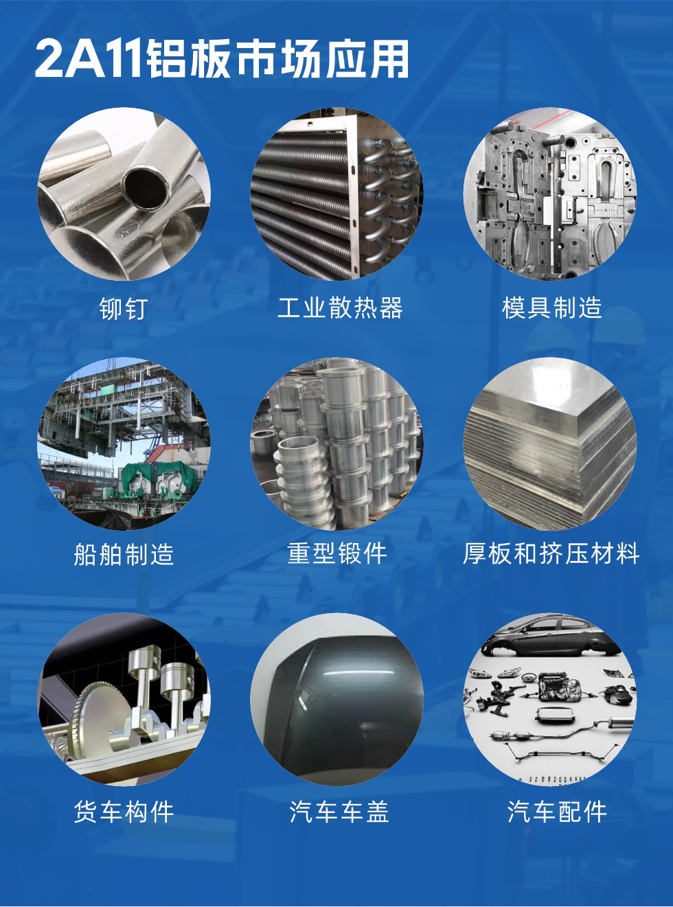 2a11鋁板市場(chǎng)應(yīng)用：

鉚釘、工業(yè)散熱器、模具制造、船舶制造、重型鍛件、厚板和擠壓材料，貨車構(gòu)件、汽車車蓋、汽車配件等領(lǐng)域。