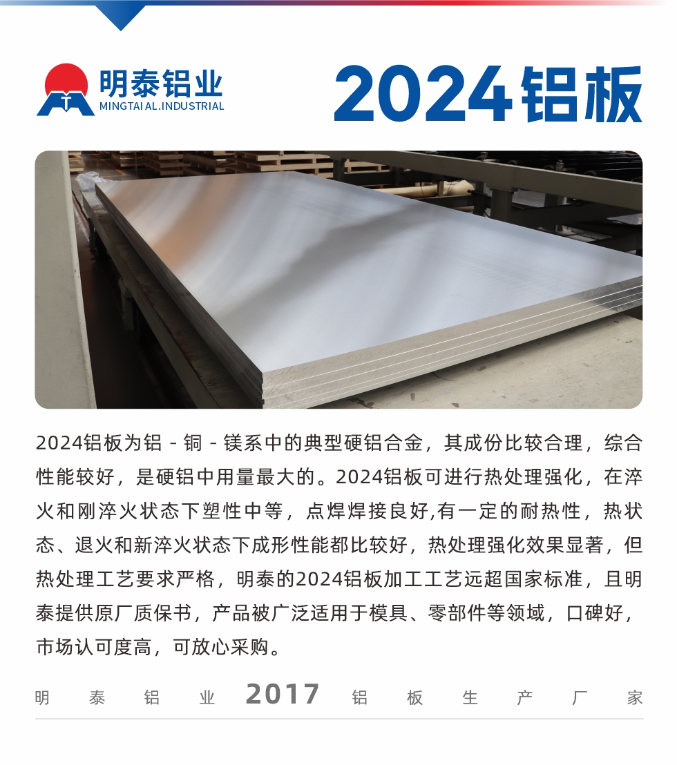 2024鋁板為鋁－銅－鎂系中的典型硬鋁合金，其成份比較合理，綜合性能較好，是硬鋁中用量最大的。2024鋁板可進行熱處理強化，在淬火和剛淬火狀態(tài)下塑性中等，點焊焊接良好,有一定的耐熱性，熱狀態(tài)、退火和新淬火狀態(tài)下成形性能都比較好，熱處理強化效果顯著，但熱處理工藝要求嚴格，明泰的2024鋁板加工工藝遠超國家標準，且明泰提供原廠質(zhì)保書，產(chǎn)品被廣泛適用于模具、零部件等領(lǐng)域，口碑好，市場認可度高，可放心采購。
