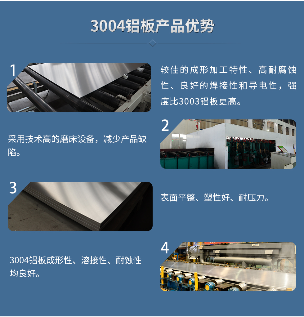 3004鋁板產(chǎn)品優(yōu)勢
　　1、較佳的成形加工特性、高耐腐蝕性、良好的焊接性和導(dǎo)電性，強度比3003鋁板更高。
　　2、采用技術(shù)高的磨床設(shè)備，減少產(chǎn)品缺陷。
　　3、表面平整、塑性好、耐壓力。
　　明泰3004鋁板優(yōu)勢
　　1、3004鋁板成形性、溶接性、耐蝕性均良好。
　　2、好的成形加工特性、高耐腐蝕性、良好的焊接性和導(dǎo)電性，強度比3003鋁板更高。
　　3、3004鋁板表面平整、塑性好、耐壓力;
　　4、采用國際先進(jìn)的磨床設(shè)備，減少產(chǎn)品缺陷。