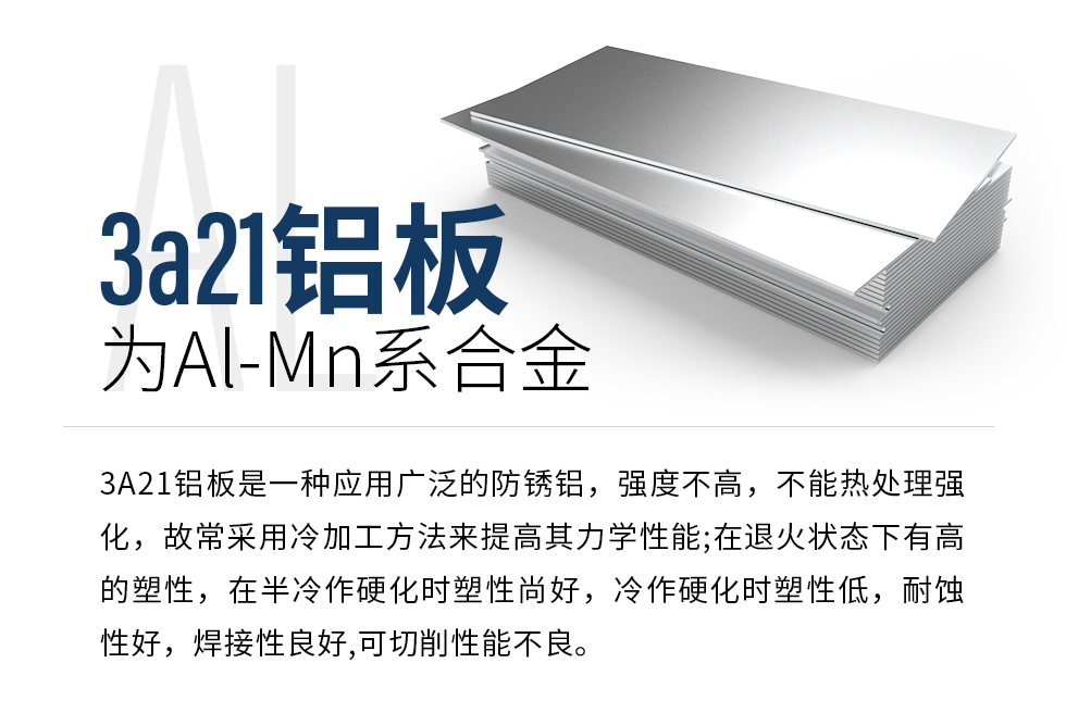 3a21鋁板為Al-Mn系合金，3A21鋁板是一種應(yīng)用廣泛的防銹鋁，強(qiáng)度不高，不能熱處理強(qiáng)化，故常采用冷加工方法來(lái)提高其力學(xué)性能;在退火狀態(tài)下有高的塑性，在半冷作硬化時(shí)塑性尚好，冷作硬化時(shí)塑性低，耐蝕性好，焊接性良好,可切削性能不良。